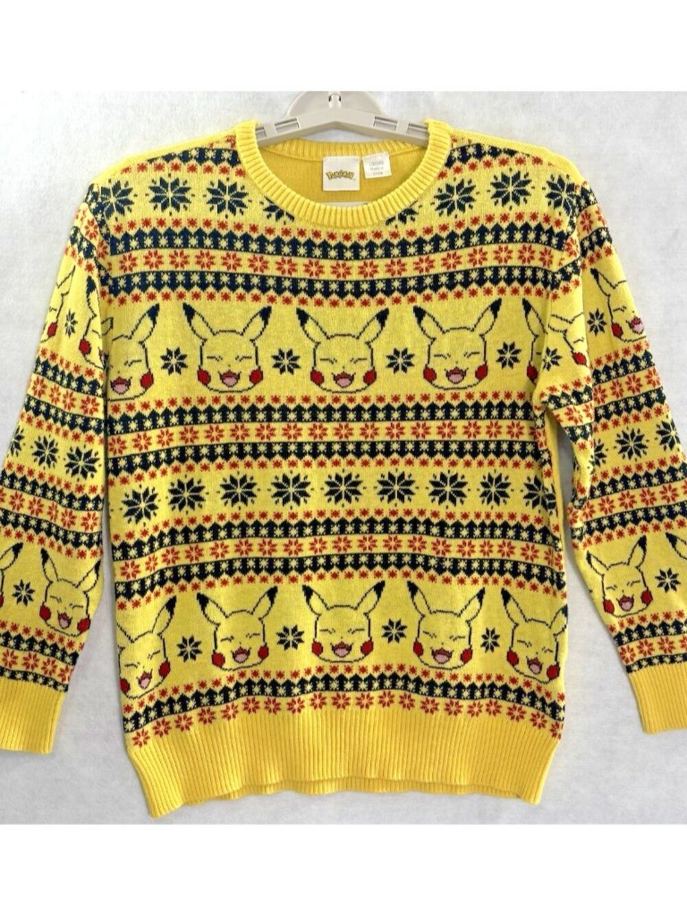 POKEMAN Boys Pikachu Crew Neck Long Sleeve Sweater Sz L Yellow 4b-3